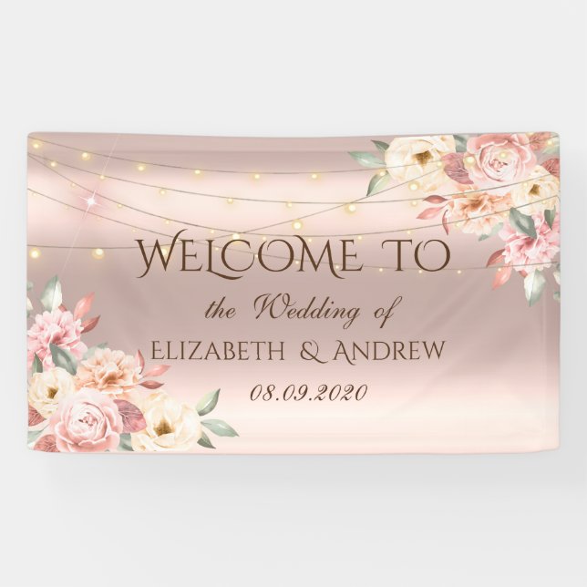 Lona Luces de Cuerda de Oro Rosa Banner de Bodas de Ros (Horizontal)