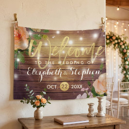 Lona Luces de Cuerda Florales de Madera Rústica Banner