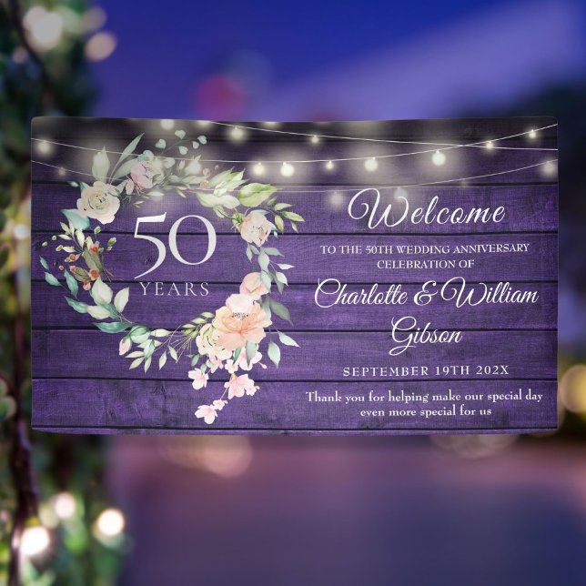 Lona Luces Florales Rústicas de Bodas de Oro Bienvenida (50th Anniversary Rustic Floral Lights Welcome Banner)