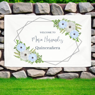 Lona Luces Rústicas Quinceañera Floral Azul y Blanco 