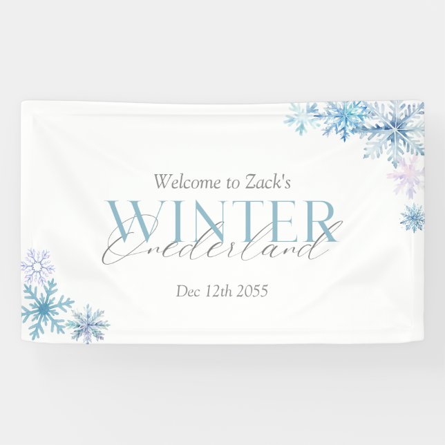 Lona lue Winter Wonderland Snowflake Primer Cumpleaños  (Horizontal)