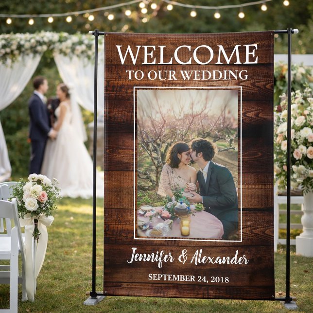 Lona Madera rústica de granero bienvenidos a nuestra fo (Create your own rustic barn wood welcome to our Wedding photo Banner. You can add your own photo.)
