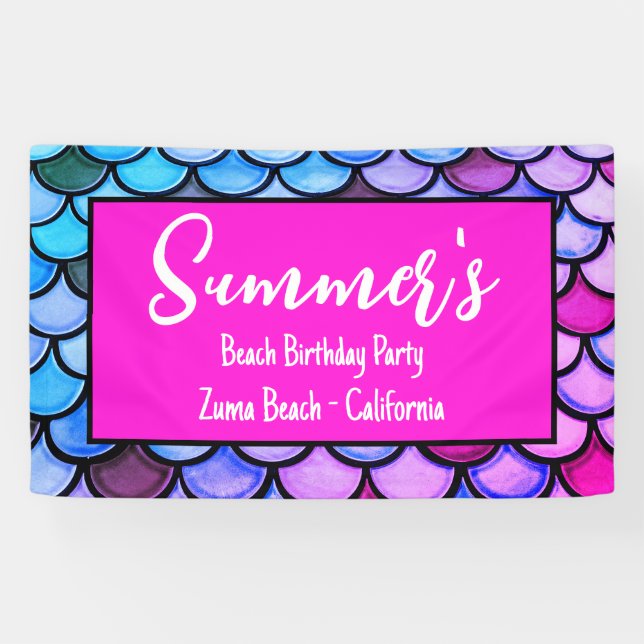 Lona Magenta Purple Blue Mermaid Scales Beach Cumpleaño (Horizontal)