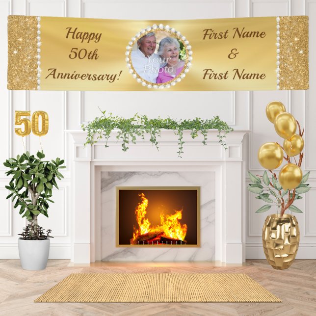 Lona Magnífico oro, feliz cartel de 50 años (Large Personalized 50th Wedding Anniversary Banner. Golden Anniversary Decorations for Parents. )