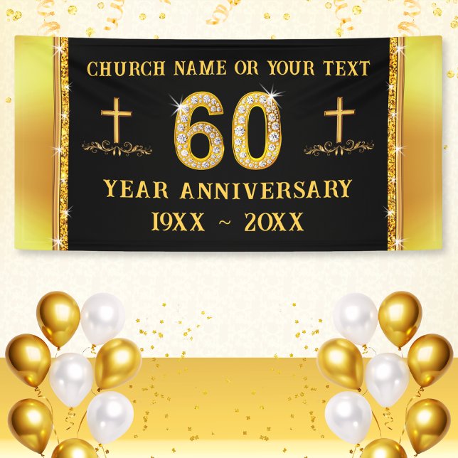 Lona Magnífico Personalizado, 60 Aniversario de la Igle (60th church anniversary, banner. Decorations for 60th anniversary. Black and Gold Banner for 60 year)