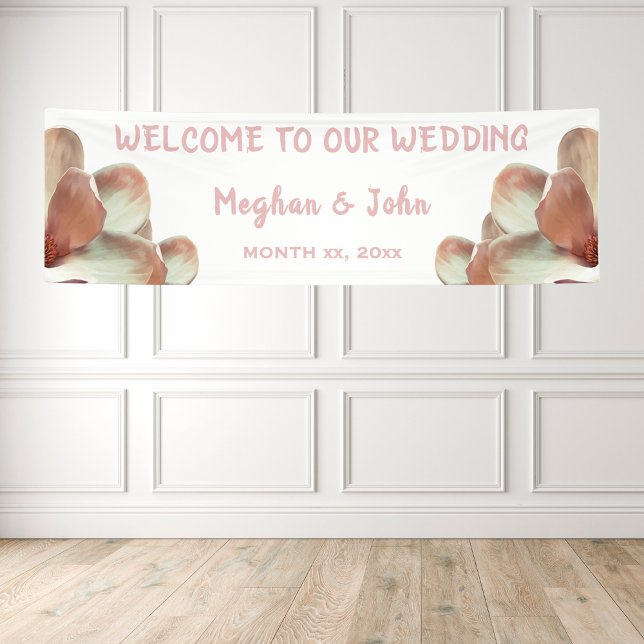 Lona Magnolia Rubor - Banner Boda - 2.5' x 8' (Magnolia Floral Pink Blush Wedding Banner)