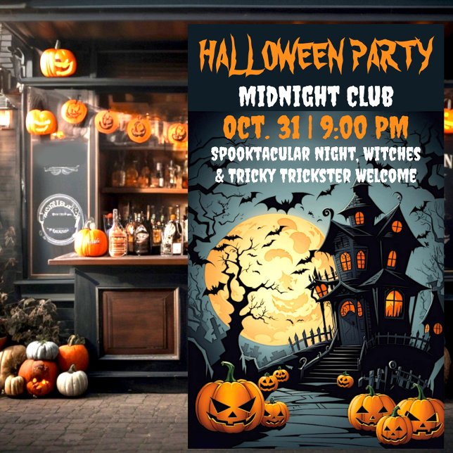 Lona Mansión gótica espantada persigue la casa de Hallo (Haunted house bar and family halloween party banner.)