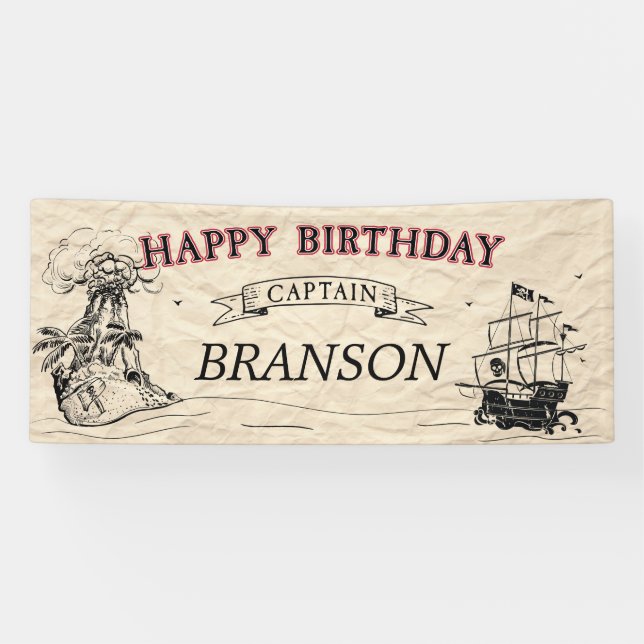 Lona Mapa del Tesoro Pirata Antiguo Feliz Cumpleaños (Horizontal)