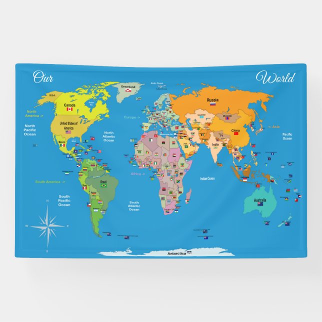Lona Mapa mundial con banderas (Horizontal)