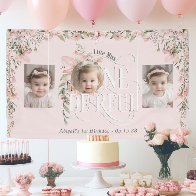 Lona Maravillosa primera foto de Miss Flor Silvestre Ro (Pink Wildflower style, Little Miss Onederful, baby girl 1st birthday backdrop with photos.)
