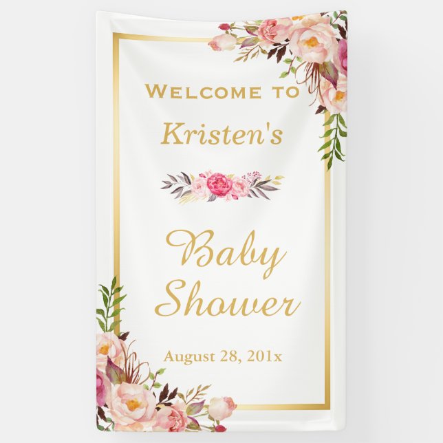 Lona Marco dorado floral elegante Baby Shower vertical (Vertical)