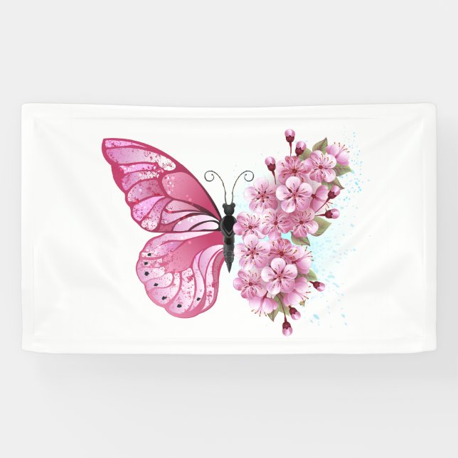 Lona Mariposa de flores con Sakura rosa (Horizontal)