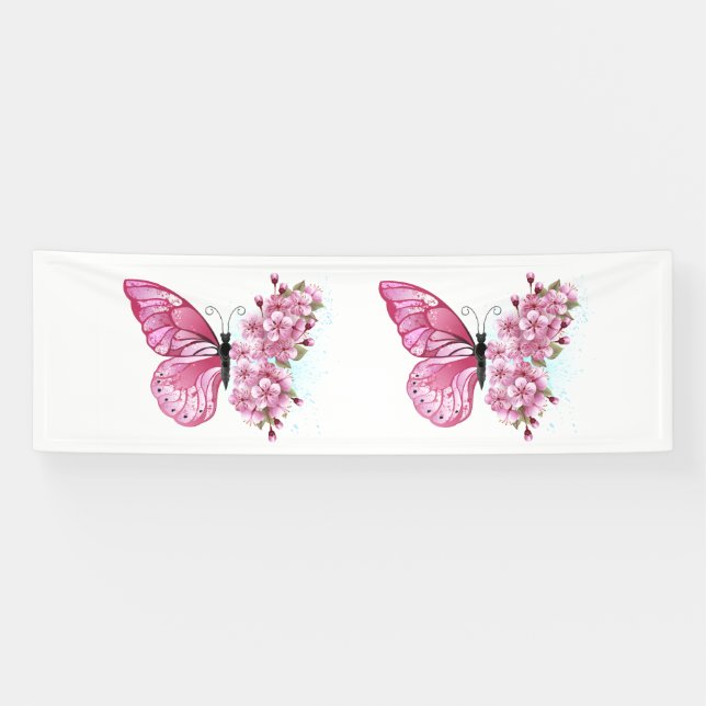 Lona Mariposa de flores con Sakura rosa (Horizontal)