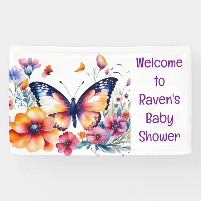 Lona Mariposa en Baby Shower Chica de Flores (Horizontal)