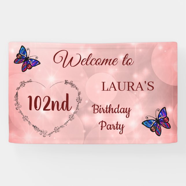 Lona Mariposa Rosa Sparkly personalizada 102º cumpleaño (Horizontal)