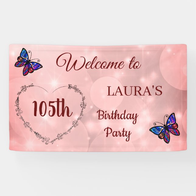 Lona Mariposa Rosa Sparkly personalizada 105º cumpleaño (Horizontal)