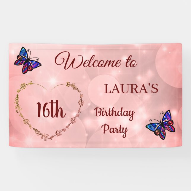 Lona Mariposa Rosa Sparkly personalizada 16º cumpleaños (Horizontal)