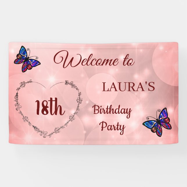Lona Mariposa Rosa Sparkly personalizada 18º cumpleaños (Horizontal)