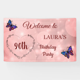 Lona Mariposa Rosa Sparkly personalizada 90 cumpleaños