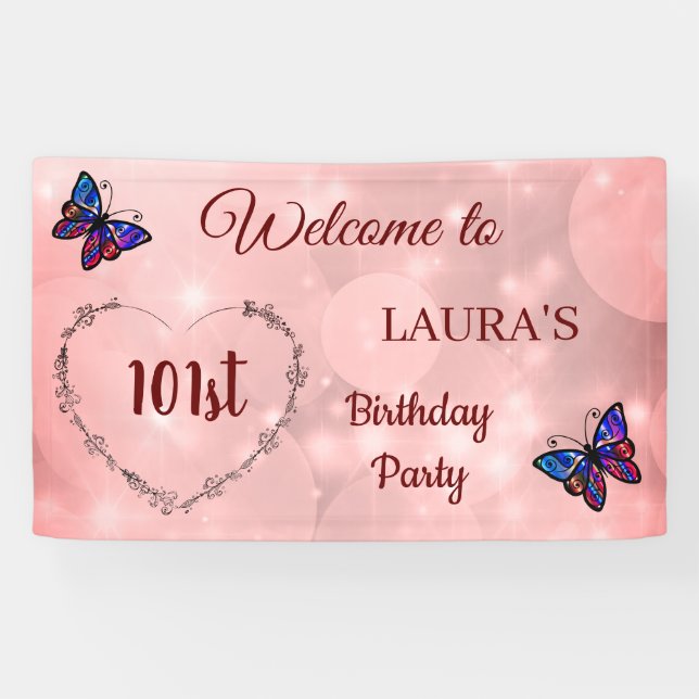 Lona Mariposa Rosa Sparkly personalizada Cumpleaños 101 (Horizontal)