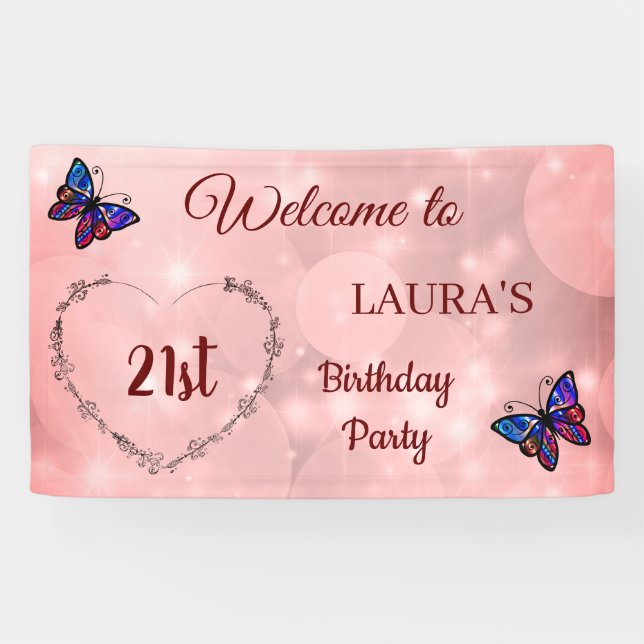 Lona Mariposa Rosada Sparkly personalizada 21º cumpleañ (Horizontal)