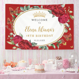 Lona Mariposas Florales Rojas 18 cumpleaños dulce 16