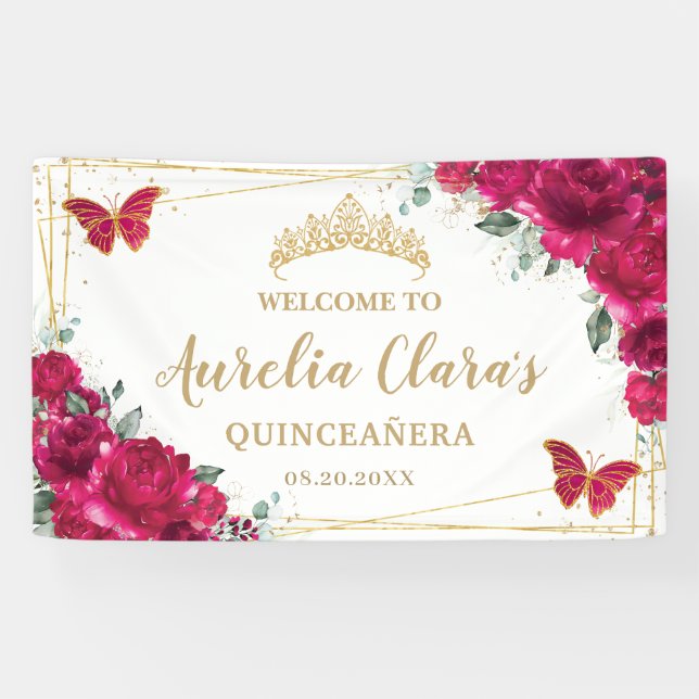 Lona Mariposas Florales Rosa Fuchsia Bienvenidos (Horizontal)