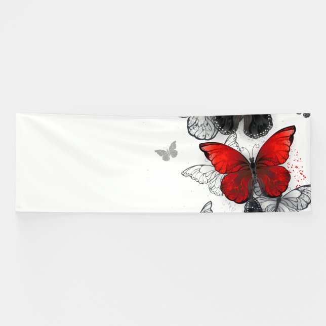 Lona Mariposas Morfo Negras y Rojas Volando (Horizontal)