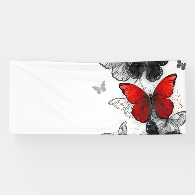Lona Mariposas Morpho voladoras negras y rojas (Horizontal)