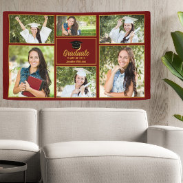 Lona Maroon Gold Graduation Photo Collage Modern Party