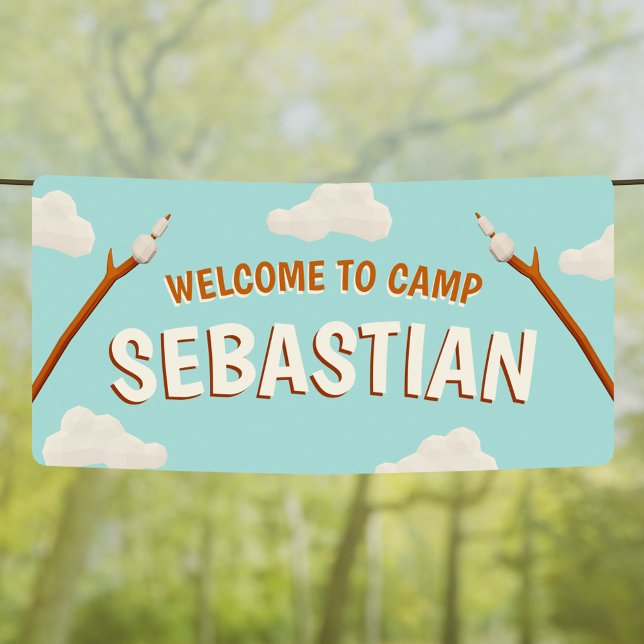 Lona Marshmallow Blue Bienvenida Camping Fiesta de Cump (Marshmallows Blue Welcome Camping Birthday Party Banner)