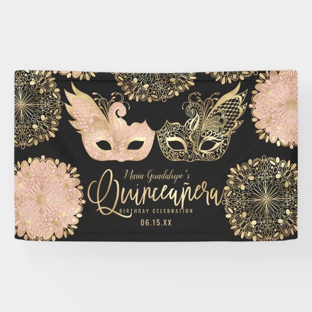 Lona Máscara de mascarada negra de oro rosado Quinceañe (Horizontal)