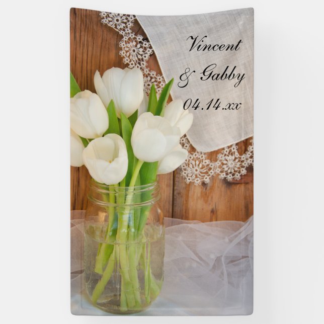 Lona Mason Jar y White Tulips Country Barn Boda (Vertical)