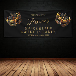 Lona Masquerade Black Gold Cumpleaños Dulces 16 Bienven