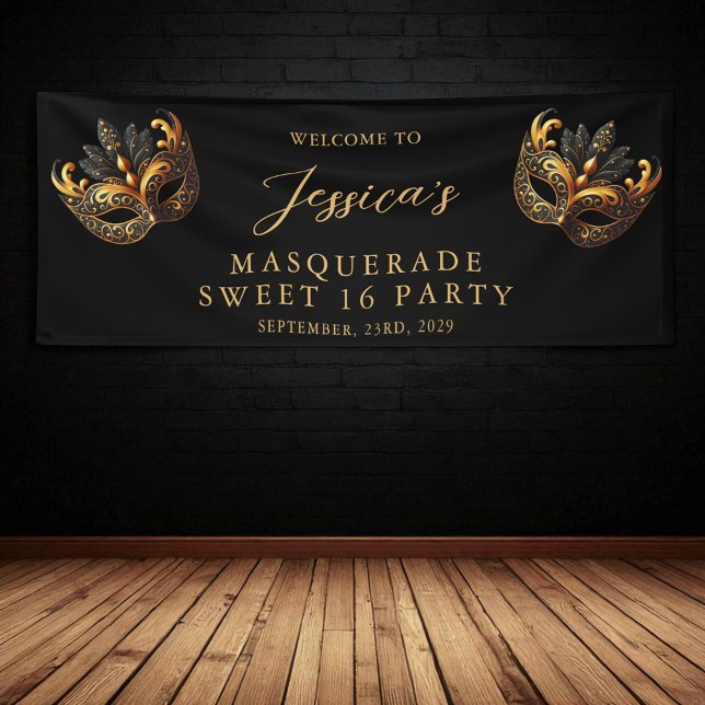 Lona Masquerade Black Gold Cumpleaños Dulces 16 Bienven (Subido por el creador)