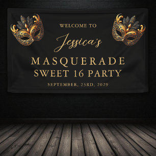 Lona Masquerade Black Gold Cumpleaños Dulces 16 Bienven