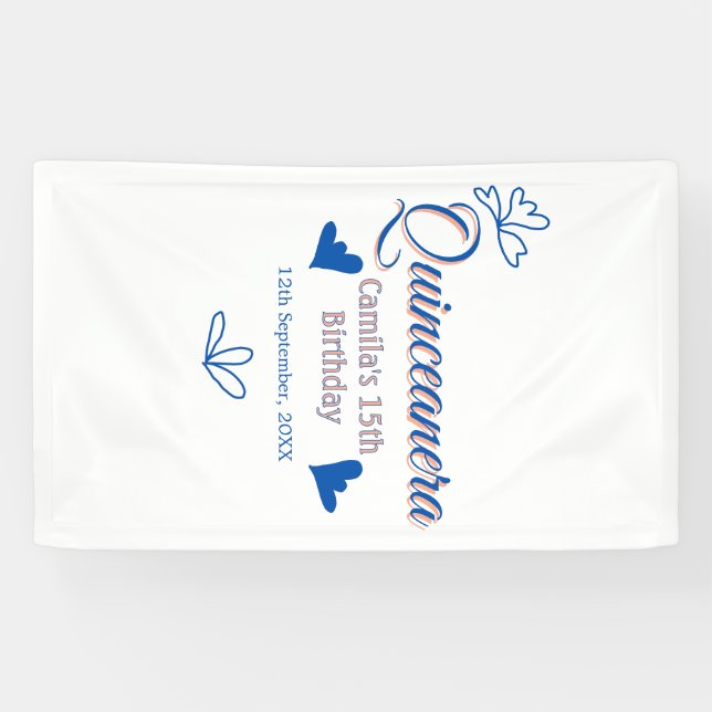 Lona Melocotón azul quinceanera 15º cumpleaños méxico r (Horizontal)