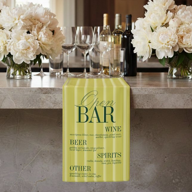 Lona Menú de Bar Abierto de Boda con Franja Chartreuse  (Elegant Chartreuse Stripe Open Bar Menu Wedding Banner)