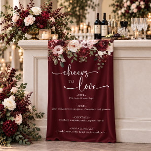 Lona Menú de Bar de Boda Floral Rosa Borgoña Elegante