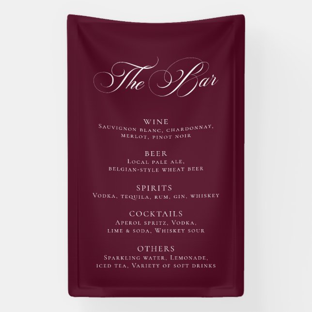 Lona Menú de barra de boda clásico de Borgoña decoració (Vertical)