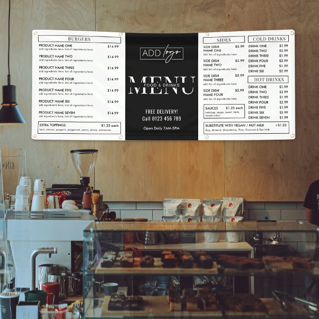 Lona Menú de comida del restaurante Pop-Up de Mercado m (Minimalist modern business menu banner sign - great for coffee shops, pop up markets & trade shows)
