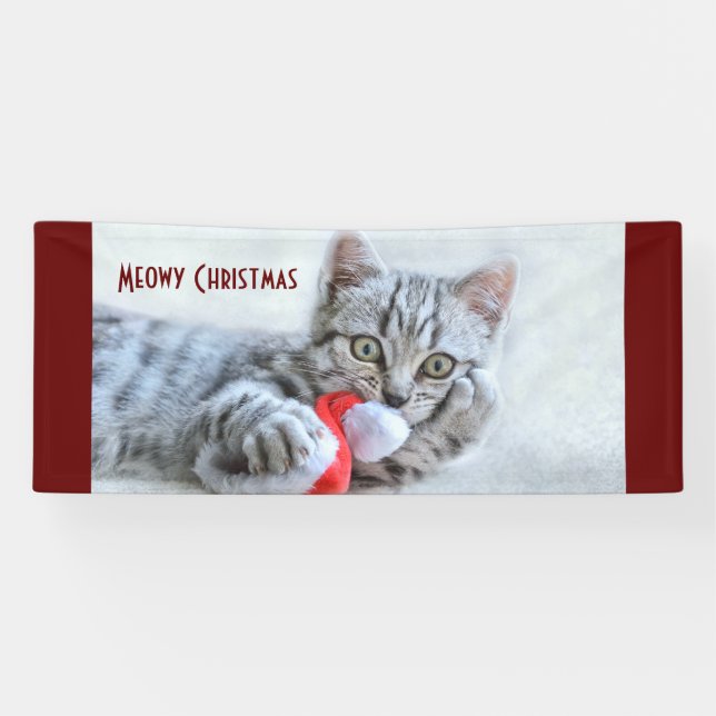 Lona Meowy Navidades cuelgan grisáceo gato (Horizontal)