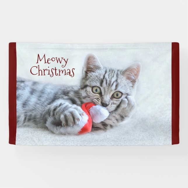 Lona Meowy Navidades cuelgan grisáceo gato (Horizontal)