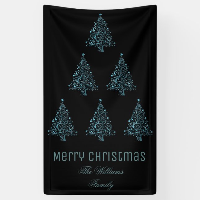 Lona Merry Christmas Tree Pattern Metallic Blue Black (Vertical)