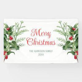 Lona Minimal Holly Berries Branch Feliz Navidad