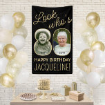 Lona Mira quién es 80 Black & Gold 2 Photo Birthday Par<br><div class="desc">¡Mira quién tiene 80 años! Celebra un feliz cumpleaños número 80 para él o ella con un cartel vertical de fotos de personalizado 2. Las imágenes y la redacción de esta plantilla son fáciles de personalizar. (IMAGEN PLACEMENT TIP: Una manera fácil de posicionar una foto exactamente como quieres es recortarla...</div>