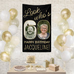 Lona Mira quién es el 60 Black & Gold 2 Photo Birthday<br><div class="desc">¡Mira quién tiene 60 años! Celebra un feliz cumpleaños número 60 para él o ella con un cartel vertical de fotos de personalizado 2. Las imágenes y la redacción de esta plantilla son fáciles de personalizar. (IMAGEN PLACEMENT TIP: Una manera fácil de posicionar una foto exactamente como quieres es recortarla...</div>