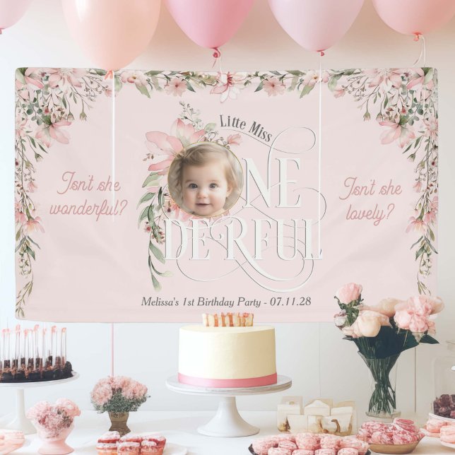 Lona Miss flor rosada Onemaravilloso Chica Primer cumpl (Pink Baby Girl 1st birthday backdrops, Miss Onederland WIldflower Themed birthday decor with photo.)
