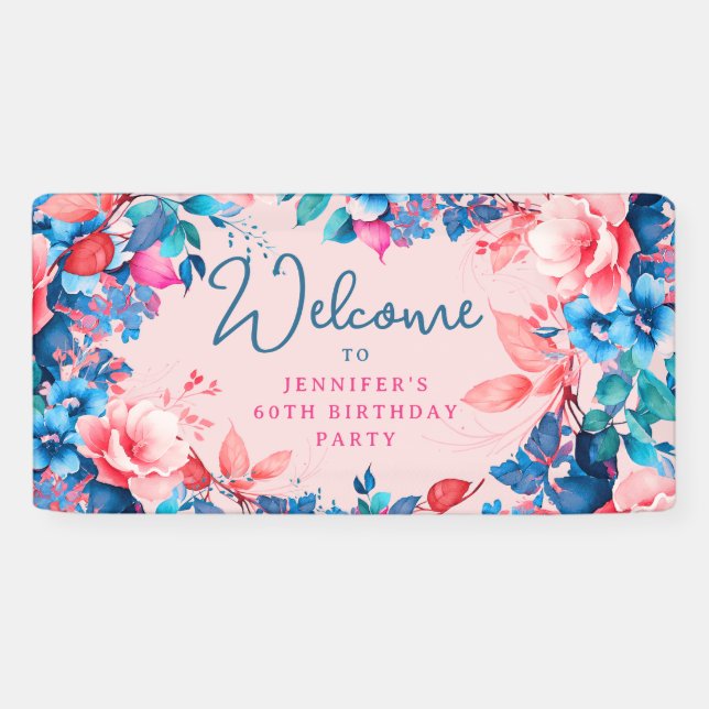 Lona Moda acuarela Floral 60 cumpleaños fiesta Rubor (Horizontal)