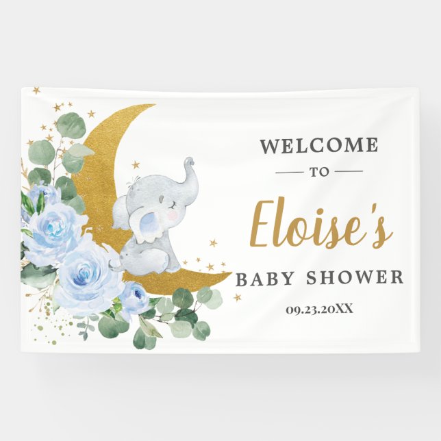 Lona Moda Blue Floral Elephant Baby Shower Backdrop (Horizontal)
